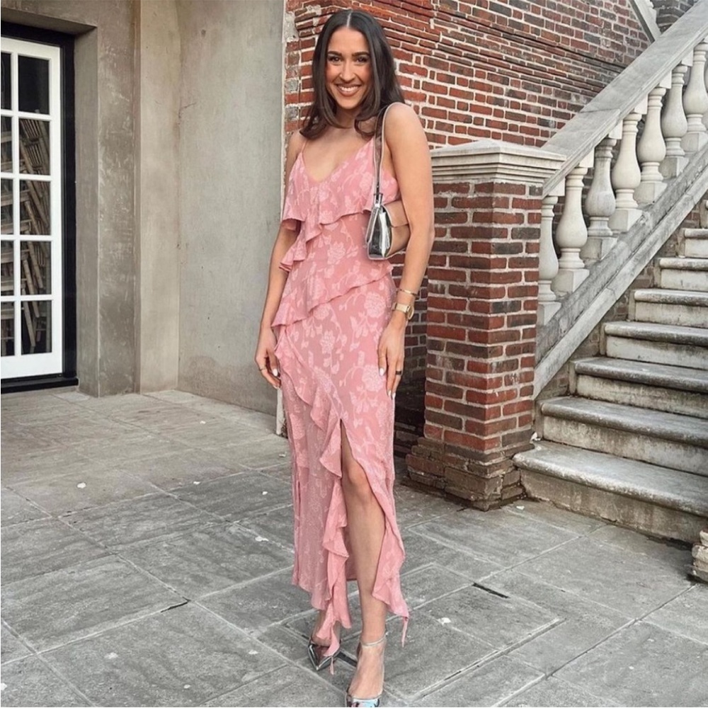 ZARA NEW JACQUARD RUFFLED FLOWY MIDI DRESS MAUVE PINK  NWT